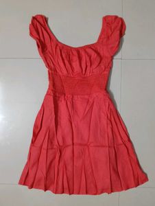 Coral Red Smocked Fit &amp; Flare Mini Dress