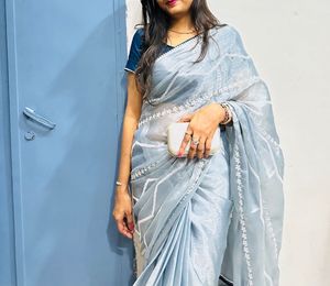 Elegant Grey Saree with White Embroidery