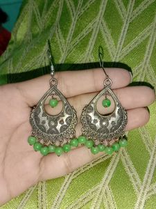 Boho Green Bead Jhumka Earrings