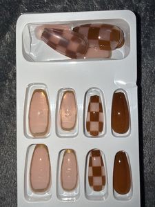 Brown Checkered Press-On Nails
