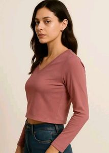 Pink Cropped V-Neck Long Sleeve Top
