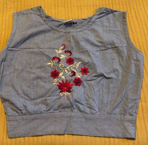 Embroidered Sleeveless Blue Blouse
