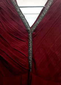 Maroon Pleated V-Neck Dress
