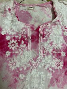 Pink Tie-Dye Kurta with White Embroidery