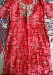 Red Embroidered Kurta with Embellished Neckline