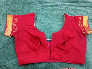 Red Stitched Blouse With Golden Zari