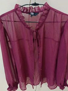 Chic Sheer Blouse with Ruffled Neckline