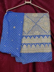 Blue Bandhani Saree with Gold Blouse Piece