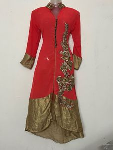 Red peach ethenic with kurta Gold Embroidery