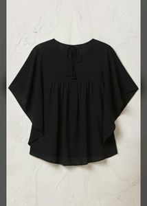 Boho Black Tunic Top with Embroidered Neckline