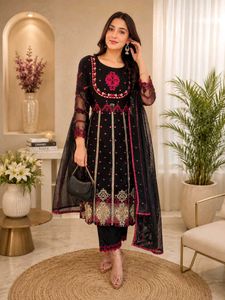 Elegant Black Kurta with Pink Embellishments