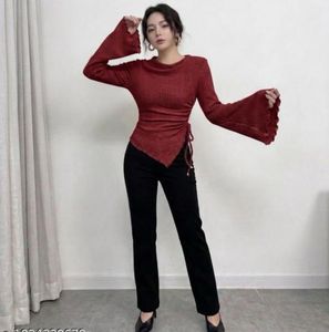 Maroon Ribbed Ruched Long Sleeve Top