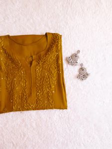 GOLDEN BROWN CHIKANKARI LONG KURTA