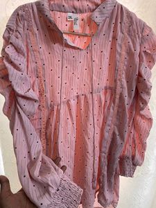 Pink polka dot ruched sleeve top