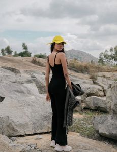 black bodycon flared bottom jumpsuit