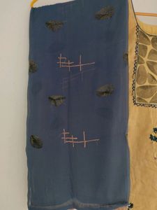 Straight Kurta With Dupatta, XS, Cream, Navy Blue