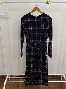 Navy blue &amp; Brown Plaid Long Sleeve Midi Dress