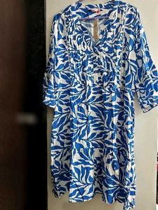 New Blue &amp; White Leaf Print Summer Dress 48 inches