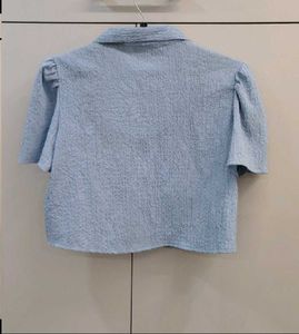 Blue Textured Short Sleeve Collared Top