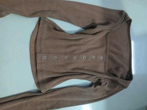 Brown Ribbed Square Neck Button-Up Top