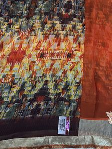 Orange Multicolour Chiffon Saree With blouse Piece