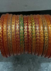 Colorful Glass Bangles with Gold Floral Design