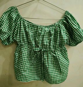 Green Gingham Off-Shoulder Puff Sleeve Top