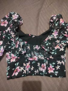 Black Floral Sheer Sleeve Crop Top