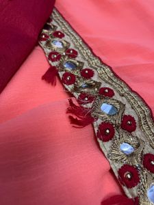 Elegant Coral Saree with Mirror Work