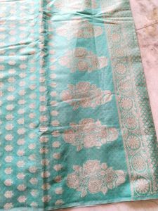 Beautiful Teal dress material with woven silk work