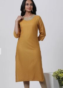 Elegant Mustard Kurta with Embellished Neckline