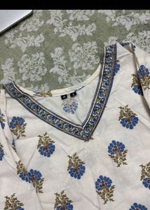 White Kurta with Blue Floral Print
