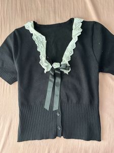 coquette Black Button-Up top with Lace Trim