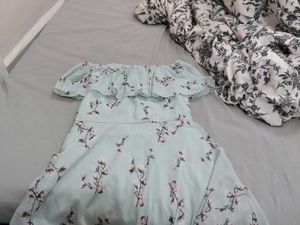 Light Blue Floral Print Off-Shoulder Dress
