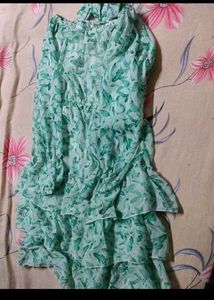 Green Floral Chiffon Ruffle Dress
