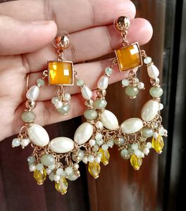 Designer Pearl & Stone Dangle Earrings