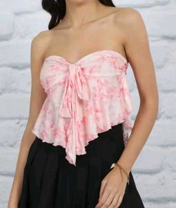 Pink Floral Strapless Bow Top