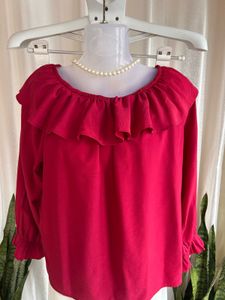 Imported red Ruffle Neck Top
