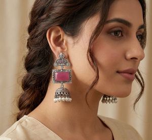 Ethnic Jhumka Earrings with Pink Stone