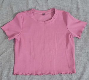 Pink Ribbed Lettuce Hem Crop Top