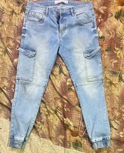 Men's Light Wash Cargo Jeans
