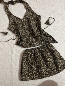 Leopard Print Halter Top & Skirt Set