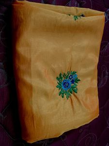 Orange Silk Saree with Blue Embroidery