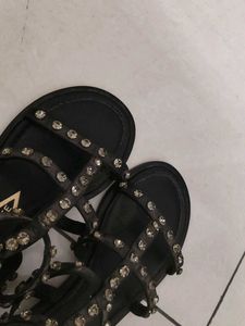 Embellished Black Flat Sandals