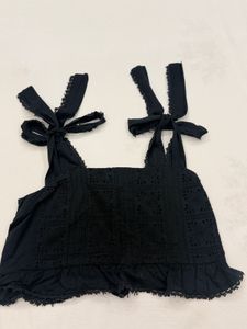 Black Eyelet Tie-Strap Crop Top