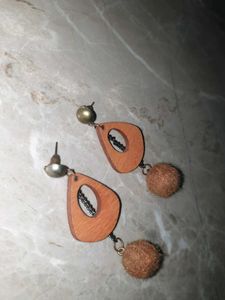 Wooden Teardrop Earrings with Pom Poms