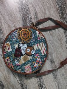 Round Boho Sling Bag with Teddy Bear Patch
