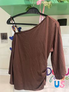 Brown Ruched One-Shoulder Top size M
