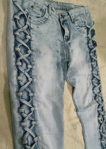 Light Blue Lace-Up Side Detail Straight Fit Jeans