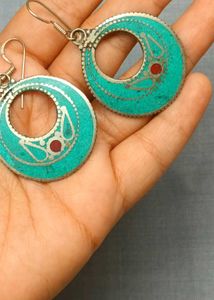 Boho Turquoise HoopTibetan Silver Earrings